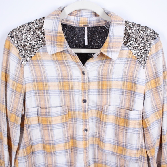 Free People Yellow Plaid Sequin Button Up Shirt - Picture 5 of 8